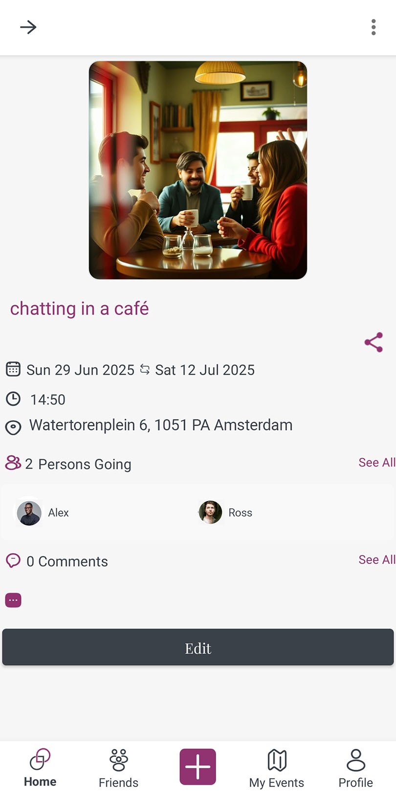 Event details screen with participant information